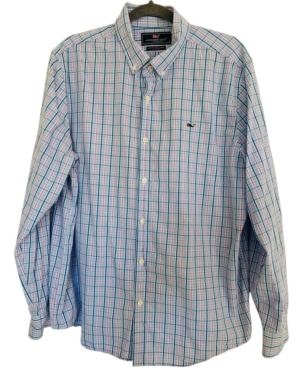 Vineyard Vines Men XL Button Down Plaid Shirt Slim Fit Whale Blue